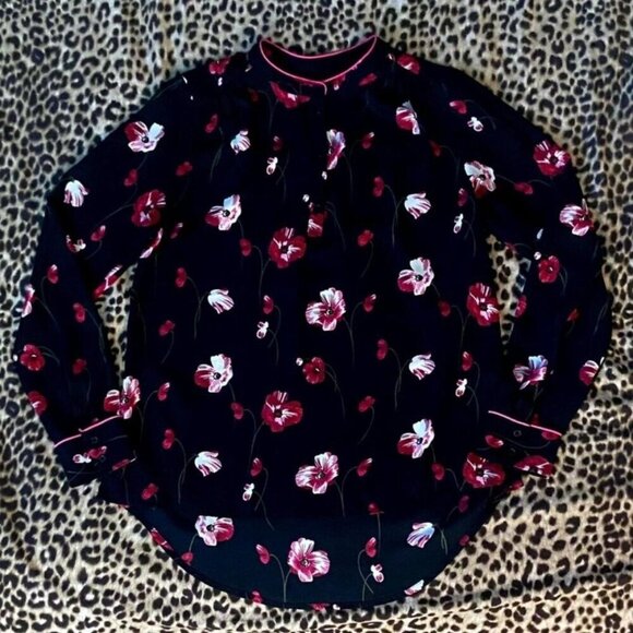 BANANA REPUBLIC (Size XS) Pink Floral Half-Bottom Black Blouse - Picture 2 of 8